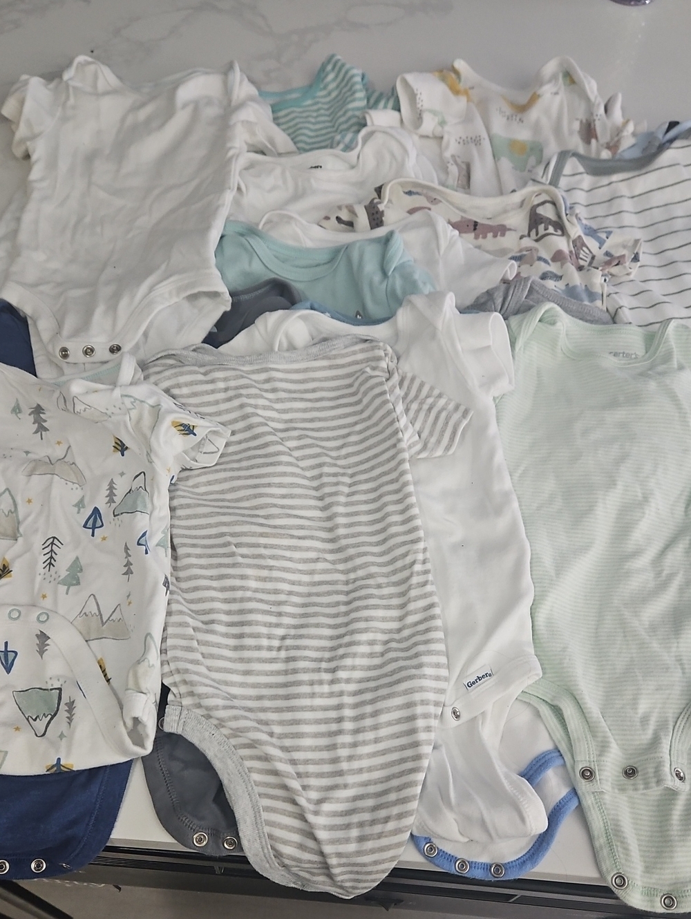 Large Lot Mixed Neutral Baby One-Piece Bodysuits White, Light Gray, Mint & Blue